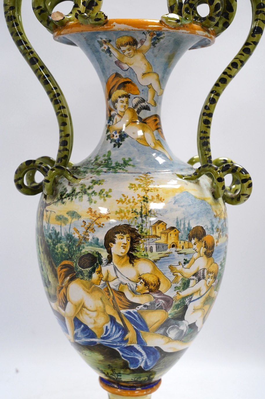 A tall late 19th/early 20th century Italian maiolica vase in Cantagalli style, with blue ‘M’ and crown mark, 66cm. Condition - poor
